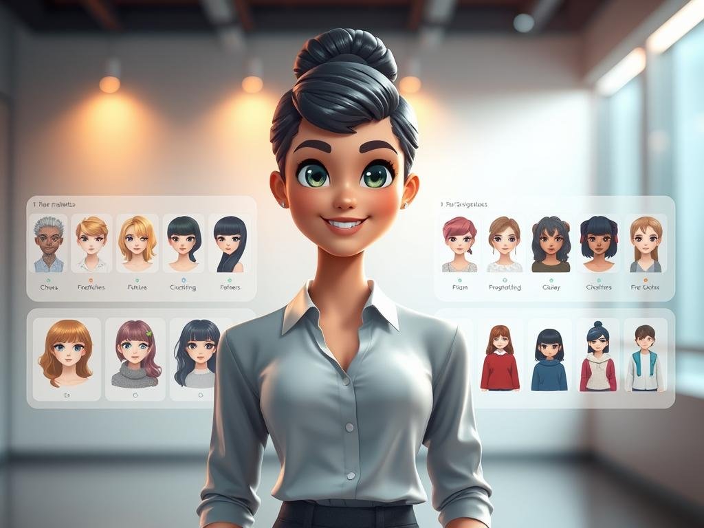A beautifully designed character showcasing customizable features for an AI girlfriend app, sexlove.ai. In the foreground, a stylish avatar stands confidently with bright, expressive eyes and a friendly smile. The character wears a modern casual outfit, blending fashion with professionalism. The middle ground features various design elements like hair color palettes, eye shapes, and clothing options displayed on sleek panels around the character, emphasizing the idea of customization. The background is soft and slightly blurred, suggesting a tech-inspired environment with subtle lights that create a warm, inviting atmosphere. The scene is well-lit, with a gentle spotlight on the character, capturing attention while creating a futuristic yet approachable mood.