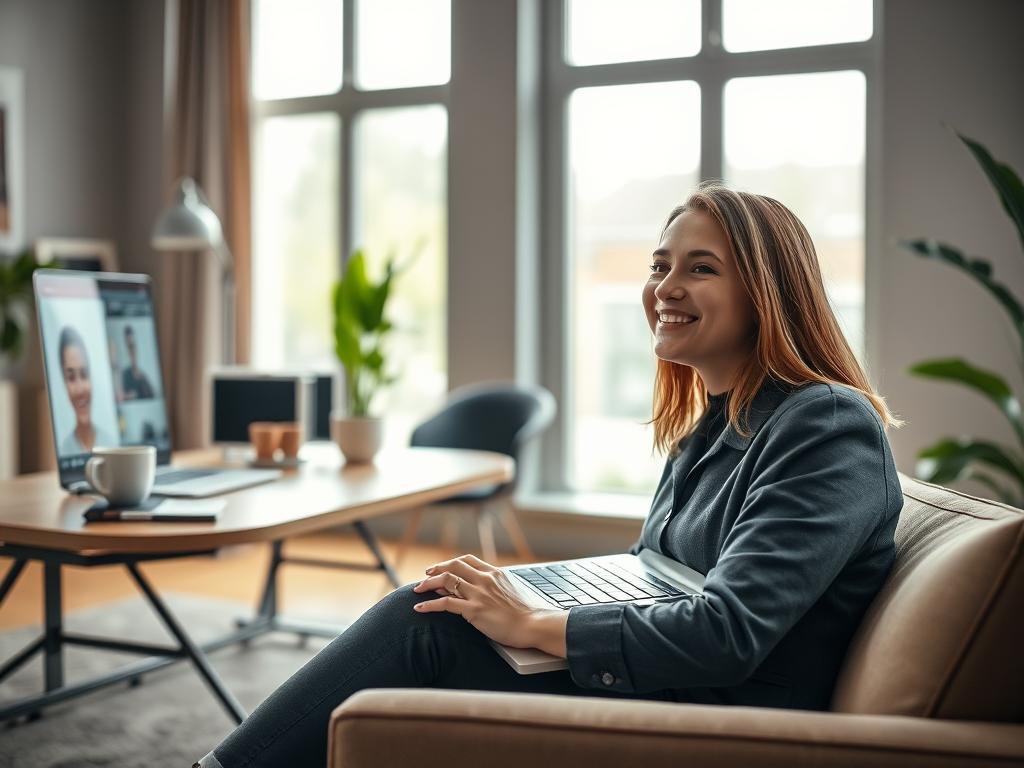 A cozy and modern workspace setting featuring a sleek laptop displaying the interface of "sexlove.ai," the AI girlfriend app. In the foreground, a young woman in smart casual attire sits comfortably, engaged in a cheerful conversation with the AI on the screen, her expression reflecting curiosity and delight. The middle ground includes a stylish desk with personal items like a coffee mug and potted plant, emphasizing a welcoming atmosphere. In the background, large windows let in soft, natural light, creating a warm and inviting ambience. The scene is captured from a slight angle to enhance depth, with a focus on the woman's interaction with the AI, conveying an overall mood of discovery and connection in the AI chat experience. A cozy and modern workspace setting featuring a sleek laptop displaying the interface of "sexlove.ai," the AI girlfriend app. In the foreground, a young woman in smart casual attire sits comfortably, engaged in a cheerful conversation with the AI on the screen, her expression reflecting curiosity and delight. The middle ground includes a stylish desk with personal items like a coffee mug and potted plant, emphasizing a welcoming atmosphere. In the background, large windows let in soft, natural light, creating a warm and inviting ambience. The scene is captured from a slight angle to enhance depth, with a focus on the woman's interaction with the AI, conveying an overall mood of discovery and connection in the AI chat experience.
