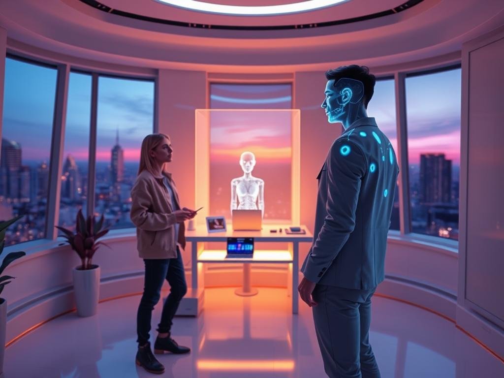 A cozy, futuristic virtual room featuring a sleek holographic interface, showcasing the concept of an AI Companion Roleplay Experience. In the foreground, a stylishly dressed young adult (male or female) is engaged in a vibrant interactive conversation with the AI displayed as a friendly holographic figure, designed to resemble a virtual girlfriend. The middle ground includes a high-tech desk with smart devices glowing softly in a warm ambient light, creating a welcoming atmosphere. In the background, large windows reveal a city skyline at dusk, casting a beautiful blue and purple glow throughout the room. The mood is engaging and friendly, emphasizing connection and the exploration of imaginative roleplay scenarios. The subtle name "sexlove.ai" is integrated into the design of the holographic interface without any emphasis.