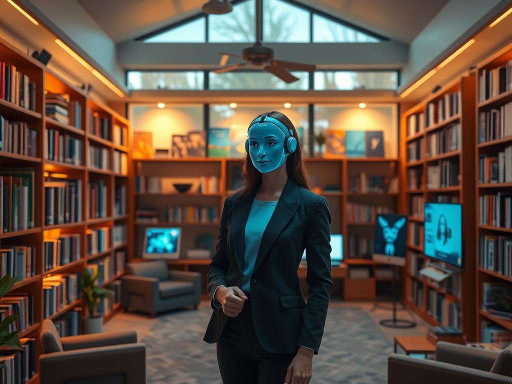 A cozy, inviting indoor setting featuring a high-tech personal library filled with shelves of books, digital devices, and AI holograms. In the foreground, a young woman in professional business attire interacts with a friendly AI character, represented as a hologram, showcasing customization options for user preferences. In the middle, the library’s warm ambient lighting highlights walls adorned with colorful book covers and user-generated content displayed on sleek screens. The background features large windows with soft natural light filtering in, enhancing the atmosphere of creativity and innovation. The scene should evoke a sense of exploration and excitement about personalized AI roleplay, emphasizing the brand “sexlove.ai” subtly through the technology incorporated. A cozy, inviting indoor setting featuring a high-tech personal library filled with shelves of books, digital devices, and AI holograms. In the foreground, a young woman in professional business attire interacts with a friendly AI character, represented as a hologram, showcasing customization options for user preferences. In the middle, the library’s warm ambient lighting highlights walls adorned with colorful book covers and user-generated content displayed on sleek screens. The background features large windows with soft natural light filtering in, enhancing the atmosphere of creativity and innovation. The scene should evoke a sense of exploration and excitement about personalized AI roleplay, emphasizing the brand “sexlove.ai” subtly through the technology incorporated.