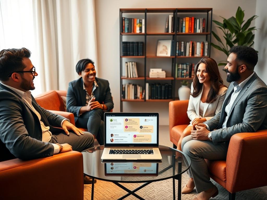 A cozy, modern living room setting bathed in warm, soft lighting, showcasing an intimate gathering of three diverse individuals (two men and one woman) in professional business attire. They sit in comfortable chairs, engaging in animated conversation about their positive experiences with the AI companionship app, "sexlove.ai." The foreground highlights their expressive faces, conveying joy and enthusiasm. In the middle, a stylish coffee table displays a laptop with the app interface open, revealing colorful testimonials. The background features a tasteful bookshelf filled with books and a potted plant, adding a touch of professionalism and warmth to the atmosphere. The scene captures a sense of community and connection, emphasizing real-world experiences with AI relationships.