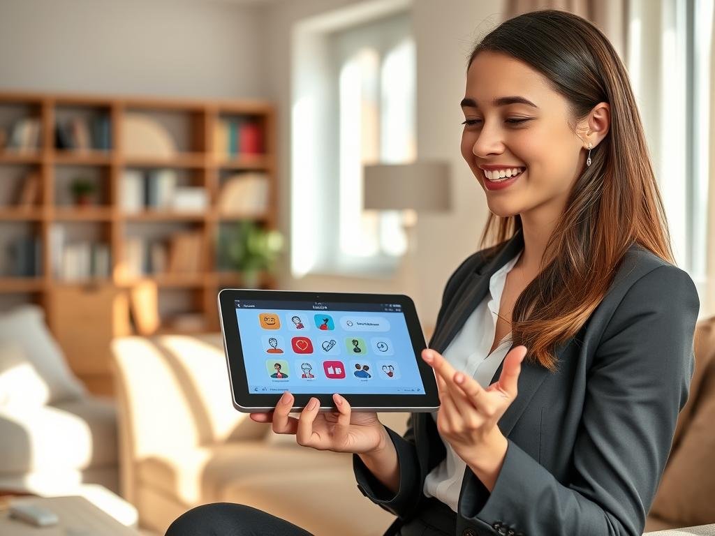A cozy modern living room setting, featuring a young adult woman in professional business attire, engaged in a relaxed and animated conversation with her AI girlfriend interface displayed on a sleek tablet. The foreground shows the woman with a warm smile, gesturing lightly as she interacts with the device. In the middle, the tablet screen illustrates a vibrant, user-friendly interface showing engaging graphics and emotive icons, symbolizing an intelligent AI conversation. The background reveals a softly lit room with bookshelves and comfortable furniture, creating an inviting atmosphere. Natural light filters through a nearby window, casting gentle shadows. The mood is lively and positive, reflecting the essence of meaningful interactions. Include subtle branding elements of "sexlove.ai" integrated into the tablet screen design. A cozy modern living room setting, featuring a young adult woman in professional business attire, engaged in a relaxed and animated conversation with her AI girlfriend interface displayed on a sleek tablet. The foreground shows the woman with a warm smile, gesturing lightly as she interacts with the device. In the middle, the tablet screen illustrates a vibrant, user-friendly interface showing engaging graphics and emotive icons, symbolizing an intelligent AI conversation. The background reveals a softly lit room with bookshelves and comfortable furniture, creating an inviting atmosphere. Natural light filters through a nearby window, casting gentle shadows. The mood is lively and positive, reflecting the essence of meaningful interactions. Include subtle branding elements of "sexlove.ai" integrated into the tablet screen design.