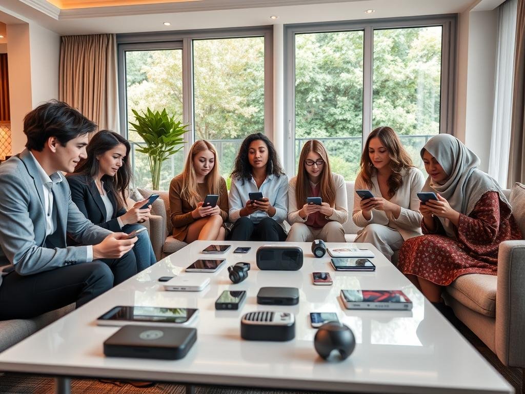 A cozy, modern living room setting where a diverse group of individuals, dressed in professional business attire and modest casual clothing, are gathered around a sleek coffee table, each engaged with their devices. The foreground showcases their focused expressions as they discuss their experiences with sexlove.ai, an AI companion chatbot. In the middle, various tech gadgets reflect the theme of communication and technology. The background features soft ambient lighting that creates a warm and inviting atmosphere, with large windows revealing a serene garden outside. The lens captures the scene from a slightly elevated angle, emphasizing the interaction and engagement among the users, highlighting a sense of connection and shared discovery.