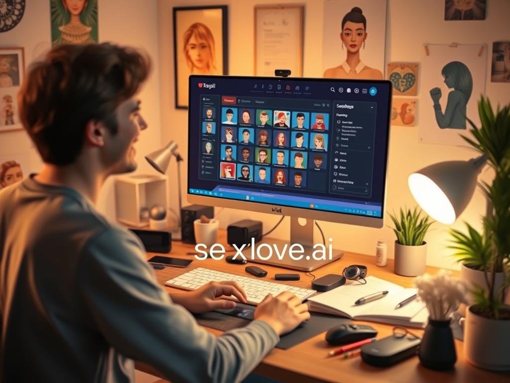 A cozy, well-lit workspace featuring a user customizing an AI companion on a computer screen, showcasing a vibrant interface filled with avatars and personality settings. In the foreground, a user in casual clothing smiles while interacting with the device, depicting a sense of engagement and creativity. The middle ground includes a stylish desk cluttered with tech gadgets, character sketches, and design tools, emphasizing a personalized atmosphere. The background is softly blurred, revealing a warm, inviting room adorned with inspirational posters and plants to enhance the cozy mood. The lighting is warm and inviting, creating a sense of intimacy and focus. The scene conveys the excitement of tailoring AI companions for personalized roleplay, with a clear brand logo for "sexlove.ai" subtly included in the interface. A cozy, well-lit workspace featuring a user customizing an AI companion on a computer screen, showcasing a vibrant interface filled with avatars and personality settings. In the foreground, a user in casual clothing smiles while interacting with the device, depicting a sense of engagement and creativity. The middle ground includes a stylish desk cluttered with tech gadgets, character sketches, and design tools, emphasizing a personalized atmosphere. The background is softly blurred, revealing a warm, inviting room adorned with inspirational posters and plants to enhance the cozy mood. The lighting is warm and inviting, creating a sense of intimacy and focus. The scene conveys the excitement of tailoring AI companions for personalized roleplay, with a clear brand logo for "sexlove.ai" subtly included in the interface.