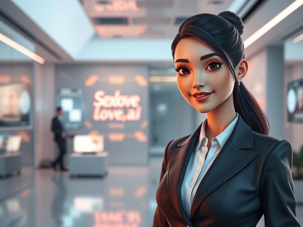 A creatively designed digital character representing a futuristic AI girlfriend, showcasing a blend of elegance and personality. The character stands confidently in the foreground, adorned in modern, stylish business attire that reflects professionalism and approachability. The character's features are meticulously crafted, ensuring visual consistency with expressive eyes and a friendly smile. In the middle ground, a high-tech environment filled with soft glowing screens and interactive holograms highlights the digital identity theme. The background fades into a sleek, minimalistic workspace with cool colors and soft, ambient lighting that enhances the atmosphere of innovation and creativity. Capture this scene with a slight low-angle shot to emphasize the character's stature and appeal, evoking a warm, inviting mood. Include the branding "sexlove.ai" subtly in the digital displays within the setting, ensuring it complements the overall aesthetic without being intrusive.