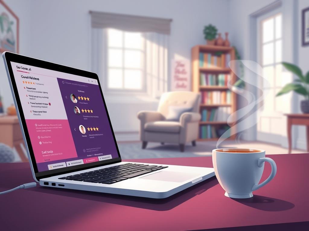 A digital illustration depicting a serene workspace showcasing user reviews and feedback for a digital companionship application like "sexlove.ai". In the foreground, there’s a laptop open to a colorful, engaging interface displaying user ratings and comments. Beside the laptop, a warm cup of coffee steams softly. In the middle ground, a cozy environment featuring a comfortable chair and a bookshelf filled with motivational books, suggesting a space for reflection. The background includes soft, diffused lighting streaming through a window, creating a peaceful atmosphere. The overall mood is optimistic and inviting, emphasizing the value of user input in enhancing digital companionship experiences, framed at a slightly angled view for depth. The scene conveys a sense of connection and engagement with technology. A digital illustration depicting a serene workspace showcasing user reviews and feedback for a digital companionship application like "sexlove.ai". In the foreground, there’s a laptop open to a colorful, engaging interface displaying user ratings and comments. Beside the laptop, a warm cup of coffee steams softly. In the middle ground, a cozy environment featuring a comfortable chair and a bookshelf filled with motivational books, suggesting a space for reflection. The background includes soft, diffused lighting streaming through a window, creating a peaceful atmosphere. The overall mood is optimistic and inviting, emphasizing the value of user input in enhancing digital companionship experiences, framed at a slightly angled view for depth. The scene conveys a sense of connection and engagement with technology.