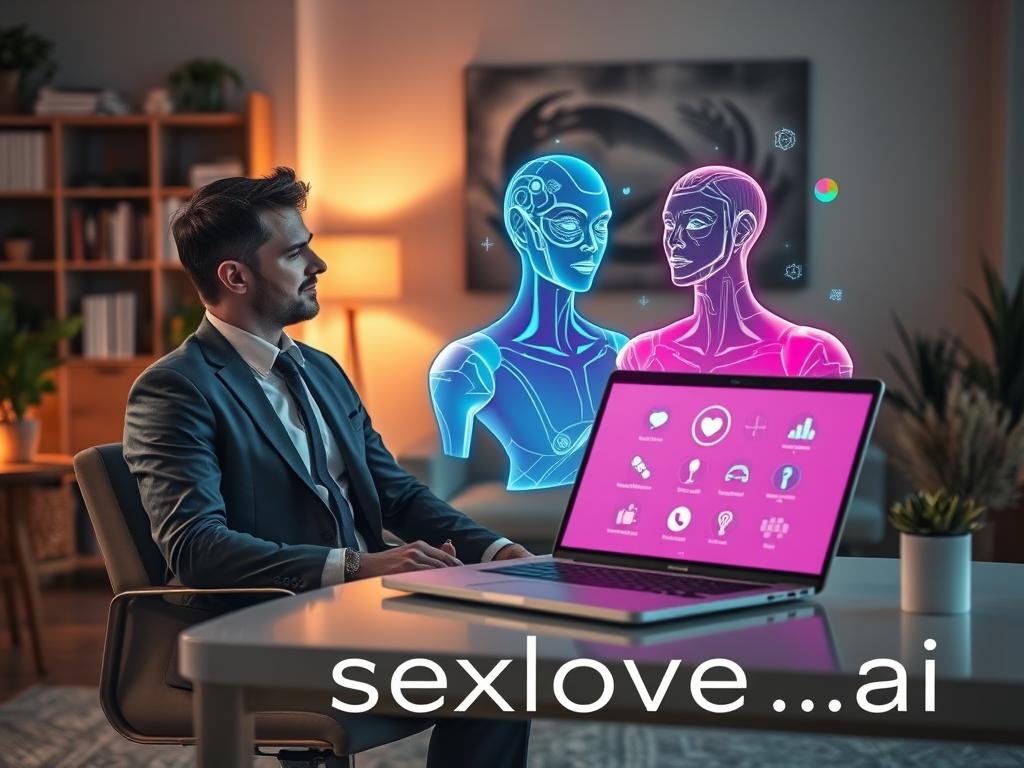 A dynamic and engaging scene illustrating the benefits of interacting with AI characters. In the foreground, an individual, dressed in professional business attire, sits comfortably at a modern desk, interacting with a vivid holographic AI character, showcasing a blend of human-like features and futuristic design. In the middle ground, a sleek laptop displays a vibrant user interface with icons representing various benefits, such as companionship, entertainment, and emotional support. The background features a cozy room with soft lighting, bookshelves, and plants, creating a warm and inviting atmosphere. The overall mood is uplifting and inspiring, highlighting the potential of technology to enhance personal connections. The branding "sexlove.ai" is subtly integrated into the scene, maintaining focus on the interaction.
