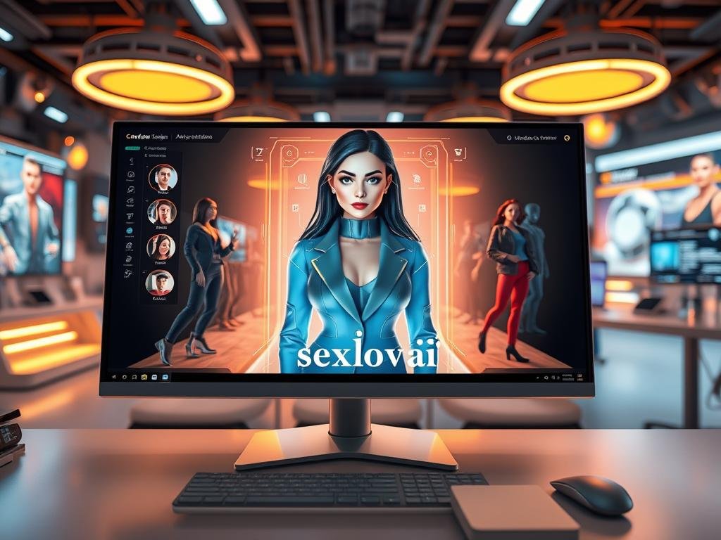 A futuristic AI character design tool interface displayed on a sleek, modern computer screen, with intricate 3D models of diverse AI characters in various poses. The foreground features a user-friendly digital workspace, showcasing intuitive design elements like sliders and color palettes, illuminated by soft, warm lighting. In the middle, a vibrant holographic projection of a female character with elegant features and stylish, professional attire embodies the AI alternative, set against a backdrop of a tech-savvy workspace filled with glowing screens and digital tools. The background highlights a high-tech environment with futuristic decor, fostering a sense of innovation. Overall, the atmosphere is creative and inspiring, inviting viewers to explore their own character creation journey. The brand logo "sexlove.ai" integrates subtly into the design.