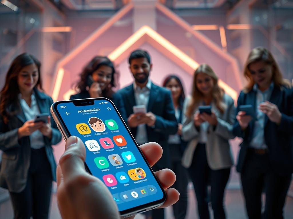 A futuristic AI companion app interface displayed on a sleek, modern smartphone, showcasing intuitive features and a vibrant personality. In the foreground, the phone screen illuminates with colorful icons and a friendly digital avatar, personifying the app's personality, appearing inviting and engaging. In the middle ground, a diverse group of users in professional attire, interacting with their devices and showcasing expressions of fascination and joy. The background features a high-tech environment with abstract shapes and soft, diffused lighting that creates a warm and approachable atmosphere. Capture the essence of innovation and connection in this scene, highlighting the brand "sexlove.ai" through digital design elements, emphasizing the evolution of AI companion technology. A futuristic AI companion app interface displayed on a sleek, modern smartphone, showcasing intuitive features and a vibrant personality. In the foreground, the phone screen illuminates with colorful icons and a friendly digital avatar, personifying the app's personality, appearing inviting and engaging. In the middle ground, a diverse group of users in professional attire, interacting with their devices and showcasing expressions of fascination and joy. The background features a high-tech environment with abstract shapes and soft, diffused lighting that creates a warm and approachable atmosphere. Capture the essence of innovation and connection in this scene, highlighting the brand "sexlove.ai" through digital design elements, emphasizing the evolution of AI companion technology.