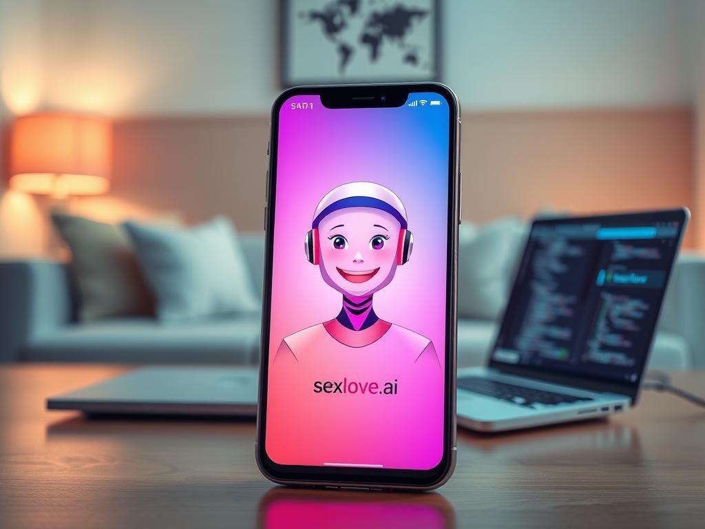 A futuristic AI companion app interface displayed on a sleek, modern smartphone. In the foreground, the smartphone shows a vibrant screen with an engaging, animated user interface featuring a friendly AI avatar that has a warm smile and expressive features, reflecting personality and intelligence. The middle layer includes a cozy, stylish living room setting with soft, ambient lighting that enhances a sense of comfort and connection. In the background, a laptop with programming code is subtly visible, hinting at the sophisticated technology behind the app. The overall mood is inviting and innovative, emphasizing the blend of technology and personal interaction, perfect for the subject of AI companionship. The brand "sexlove.ai" is integrated into the design of the app interface, harmonizing with the visual elements. A futuristic AI companion app interface displayed on a sleek, modern smartphone. In the foreground, the smartphone shows a vibrant screen with an engaging, animated user interface featuring a friendly AI avatar that has a warm smile and expressive features, reflecting personality and intelligence. The middle layer includes a cozy, stylish living room setting with soft, ambient lighting that enhances a sense of comfort and connection. In the background, a laptop with programming code is subtly visible, hinting at the sophisticated technology behind the app. The overall mood is inviting and innovative, emphasizing the blend of technology and personal interaction, perfect for the subject of AI companionship. The brand "sexlove.ai" is integrated into the design of the app interface, harmonizing with the visual elements.