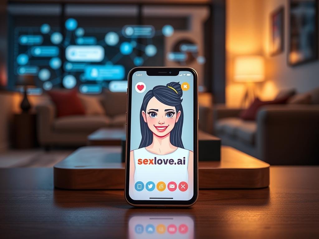 A futuristic AI girlfriend app interface displayed on a sleek smartphone, featuring an engaging and friendly virtual assistant character with a warm smile, designed to represent a personality that combines intellect and charm. In the foreground, the smartphone screen is illuminated, showcasing vibrant colors and interactive features of the app, with the brand name "sexlove.ai" prominently integrated within the interface. In the middle, a cozy setting with soft lighting and modern decor suggests a comfortable atmosphere, hinting at the blend of technology and companionship. The background features abstract visuals of digital connections and chat interfaces that symbolize communication. The scene conveys a welcoming and innovative mood, captured with a slight angle from above, using a shallow depth of field to focus on the smartphone and the virtual character. A futuristic AI girlfriend app interface displayed on a sleek smartphone, featuring an engaging and friendly virtual assistant character with a warm smile, designed to represent a personality that combines intellect and charm. In the foreground, the smartphone screen is illuminated, showcasing vibrant colors and interactive features of the app, with the brand name "sexlove.ai" prominently integrated within the interface. In the middle, a cozy setting with soft lighting and modern decor suggests a comfortable atmosphere, hinting at the blend of technology and companionship. The background features abstract visuals of digital connections and chat interfaces that symbolize communication. The scene conveys a welcoming and innovative mood, captured with a slight angle from above, using a shallow depth of field to focus on the smartphone and the virtual character.