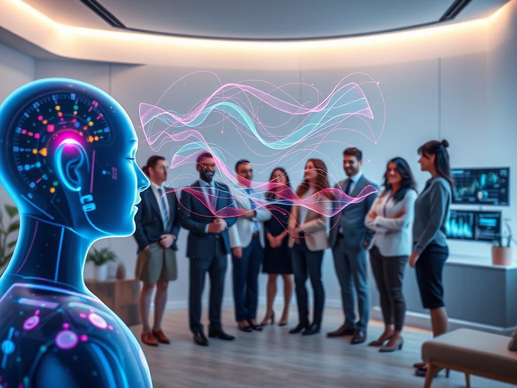 A futuristic AI interface designed to understand human emotions in 2026, set in a modern, softly lit therapy room. In the foreground, a holographic AI assistant projects visual emotional patterns and data that swirl in colorful, flowing lines. In the middle ground, a diverse group of individuals in professional business attire are interacting with the AI, expressing a range of emotions — curiosity, empathy, and understanding. The background features a sleek, minimalistic design with calming colors and advanced technology elements, like screens with emotional metrics. Soft, ambient lighting casts gentle shadows, creating a welcoming atmosphere. The scene conveys hope and innovation in mental health, emphasizing the power of technology in emotional recognition. Include the brand name "sexlove.ai" subtly integrated into the design elements. A futuristic AI interface designed to understand human emotions in 2026, set in a modern, softly lit therapy room. In the foreground, a holographic AI assistant projects visual emotional patterns and data that swirl in colorful, flowing lines. In the middle ground, a diverse group of individuals in professional business attire are interacting with the AI, expressing a range of emotions — curiosity, empathy, and understanding. The background features a sleek, minimalistic design with calming colors and advanced technology elements, like screens with emotional metrics. Soft, ambient lighting casts gentle shadows, creating a welcoming atmosphere. The scene conveys hope and innovation in mental health, emphasizing the power of technology in emotional recognition. Include the brand name "sexlove.ai" subtly integrated into the design elements.