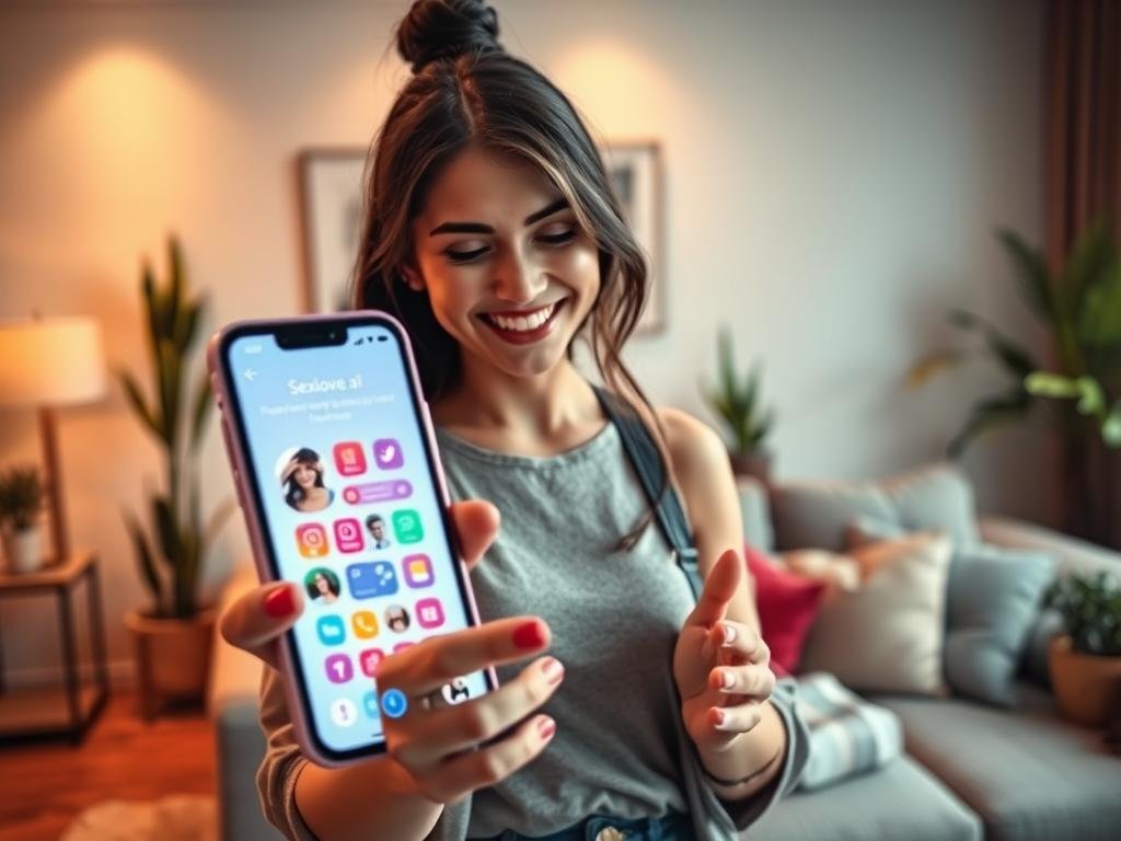 A futuristic and sleek smartphone interface displaying the "sexlove.ai" app, featuring a vibrant design with interactive chat elements. In the foreground, a young adult woman, dressed in stylish casual attire, smiles warmly as she engages with the app, her expression one of fascination and delight. The middle ground showcases the app's interface with colorful icons and chat bubbles symbolizing engaging conversations. In the background, a softly lit, modern living room creates a cozy atmosphere with plush furniture and decorative plants. Utilize warm, inviting lighting to enhance the friendly mood, captured through a slightly angled perspective that draws attention to the app on the phone. The overall setting should convey a sense of connection and advanced technology, highlighting unmatched interactive experiences with artificial intelligence chat. A futuristic and sleek smartphone interface displaying the "sexlove.ai" app, featuring a vibrant design with interactive chat elements. In the foreground, a young adult woman, dressed in stylish casual attire, smiles warmly as she engages with the app, her expression one of fascination and delight. The middle ground showcases the app's interface with colorful icons and chat bubbles symbolizing engaging conversations. In the background, a softly lit, modern living room creates a cozy atmosphere with plush furniture and decorative plants. Utilize warm, inviting lighting to enhance the friendly mood, captured through a slightly angled perspective that draws attention to the app on the phone. The overall setting should convey a sense of connection and advanced technology, highlighting unmatched interactive experiences with artificial intelligence chat.