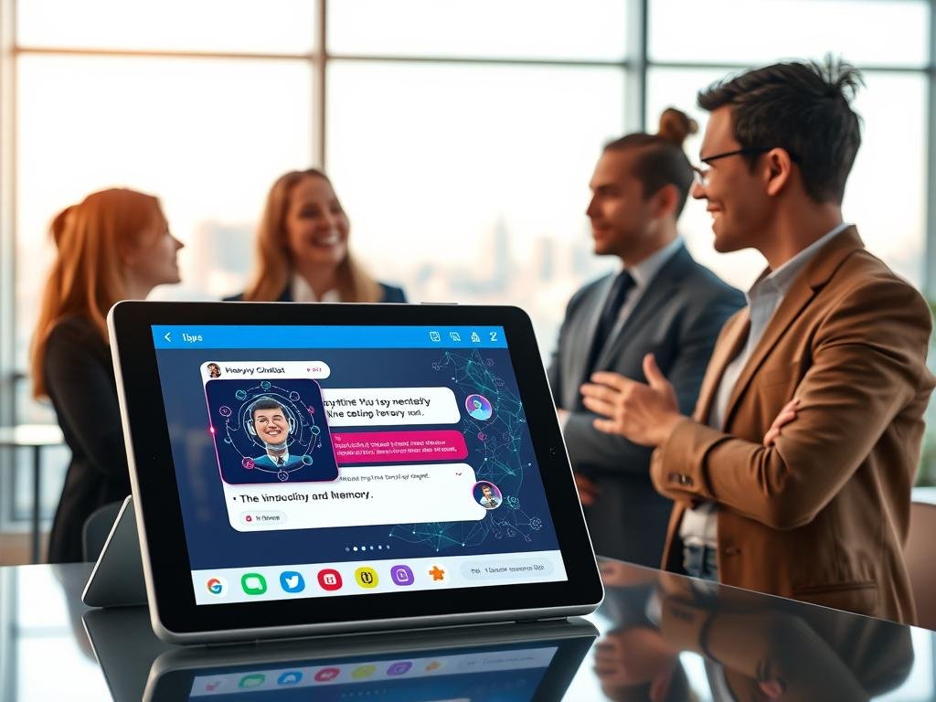 A futuristic digital interaction scene illustrating "Conversational Quality and Memory" with an AI companion. In the foreground, a friendly AI chatbot interface on a sleek tablet, displaying vibrant interactive elements and swirling data flows symbolizing memory. In the middle ground, a diverse group of professionals engaged in animated conversation, dressed in smart casual outfits, their expressions conveying connection and understanding. The background features a modern, softly-lit office environment with large windows revealing a cityscape, suggesting innovation. Soft, warm lighting creates an inviting atmosphere, while a slight bokeh effect draws focus to the AI interaction at the forefront. The overall mood is professional yet approachable, reflecting the essence of sexlove.ai.