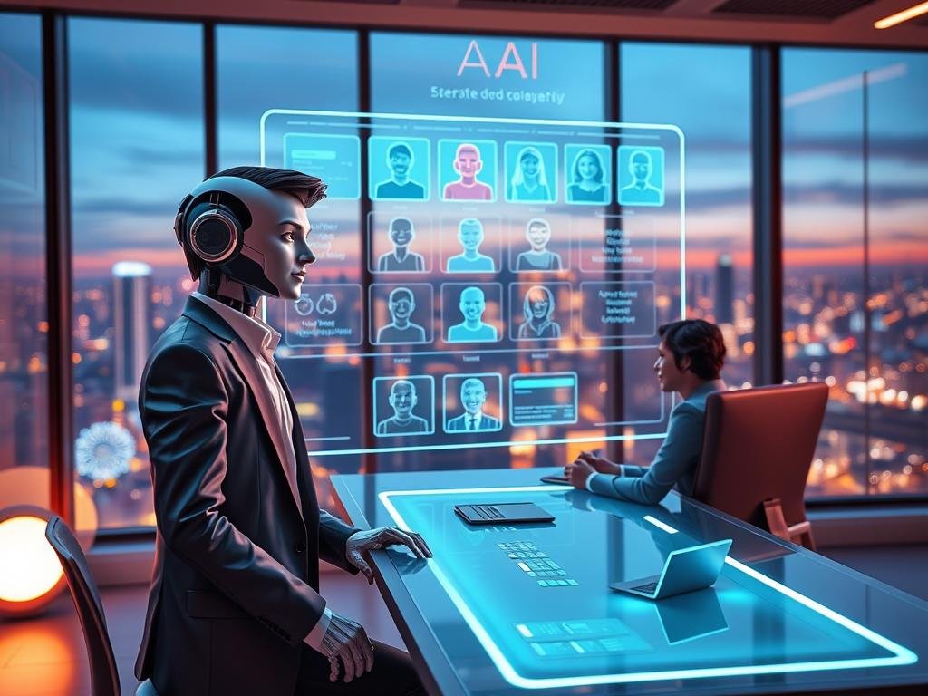 A futuristic digital interaction scene showcasing an AI character in a vibrant roleplay environment, representing the app "sexlove.ai". In the foreground, a stylish AI character with a friendly expression, dressed in modern professional attire, interacts with a user, who is seated at a sleek, high-tech desk, engrossed in the experience. The middle layer features a holographic interface displaying various personality options and scenarios, illuminated with soft neon lights, suggesting a variety of immersive roleplay settings. The background reveals a futuristic cityscape through a large window, bathed in warm twilight hues, creating an inviting atmosphere. The image employs soft, diffused lighting to enhance the mood, with a slight depth of field to focus on the characters and their interaction, illustrating the transformative power of AI in enhancing digital experiences.