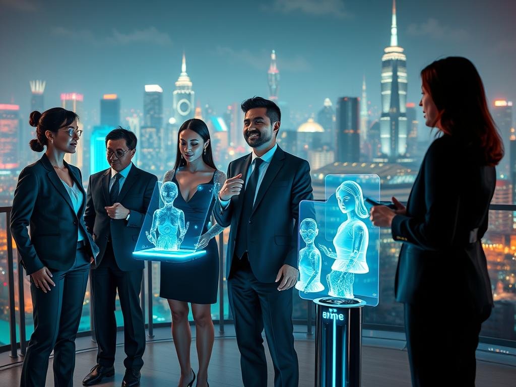 A futuristic digital landscape depicting advanced AI virtual relationships. In the foreground, a diverse group of individuals in professional business attire are engaging with holographic AI companions, showcasing diverse personalities and expressions. The middle section features sleek, high-tech devices projecting interactive, glowing avatars, displaying advanced emotional intelligence. The background presents a vibrant city skyline illuminated by neon lights, symbolizing a future where technology and human connection intertwine. Soft, ambient lighting creates a warm yet innovative atmosphere, suggesting harmony between technology and emotion. The composition is captured with a slight angle from above, emphasizing the dynamic interactions among the characters and their AI companions, all set within the context of "sexlove.ai". A futuristic digital landscape depicting advanced AI virtual relationships. In the foreground, a diverse group of individuals in professional business attire are engaging with holographic AI companions, showcasing diverse personalities and expressions. The middle section features sleek, high-tech devices projecting interactive, glowing avatars, displaying advanced emotional intelligence. The background presents a vibrant city skyline illuminated by neon lights, symbolizing a future where technology and human connection intertwine. Soft, ambient lighting creates a warm yet innovative atmosphere, suggesting harmony between technology and emotion. The composition is captured with a slight angle from above, emphasizing the dynamic interactions among the characters and their AI companions, all set within the context of "sexlove.ai".