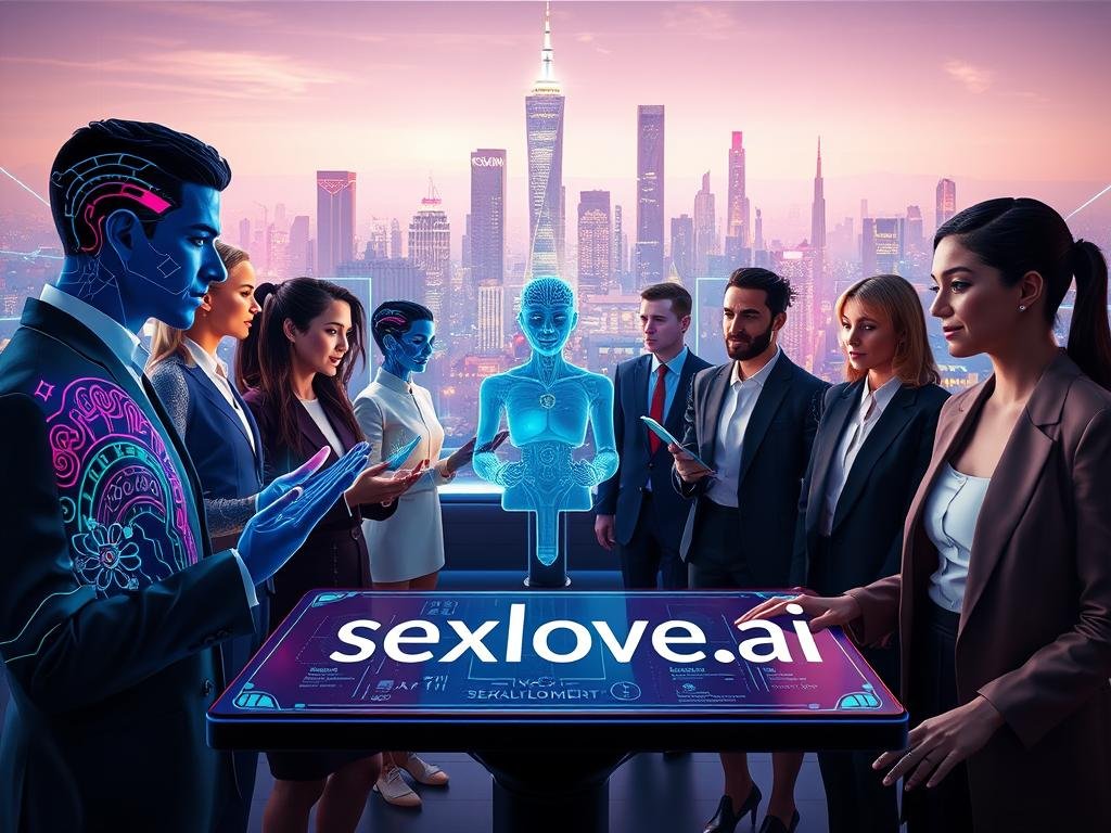 A futuristic digital landscape showcasing advanced AI character roleplay innovations. In the foreground, a sleek, modern virtual interface displays AI avatars engaging in interactive roleplay, each with unique, vibrant personalities and intricate designs. The middle ground features diverse users, male and female, dressed in professional attire, interacting with the avatars using holographic screens. In the background, a high-tech city skyline glows with neon lights, reflecting a future influenced by artificial intelligence. The atmosphere is bright and energetic, symbolizing innovation and collaboration. Use soft lighting to emphasize the vibrant colors and create an inviting, optimistic mood. The camera angle is slightly elevated, providing a comprehensive view of this dynamic interaction in a tech-driven world. Include the brand name "sexlove.ai" subtly integrated into the interface design.