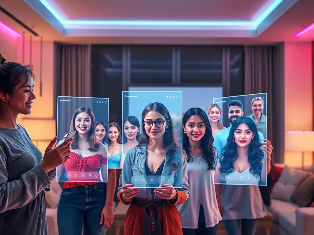 A futuristic digital scene depicting the concept of the "Best AI girlfriend app experience" in 2026. In the foreground, a diverse group of young adults in modest casual clothing engages with holographic interfaces showcasing the app "sexlove.ai." The middle layer features realistic avatars exhibiting friendly, inviting expressions, with a range of personalities highlighted through vibrant, dynamic visuals. The background displays a sleek, modern living space with ambient lighting, creating a warm and engaging atmosphere. The lighting is soft, with colorful accents illuminating the app interfaces. The angle is slightly elevated, providing a comprehensive view of the interactions and the sophisticated technology involved. The overall mood is one of excitement and innovation, emphasizing connection and creativity in AI roleplay.