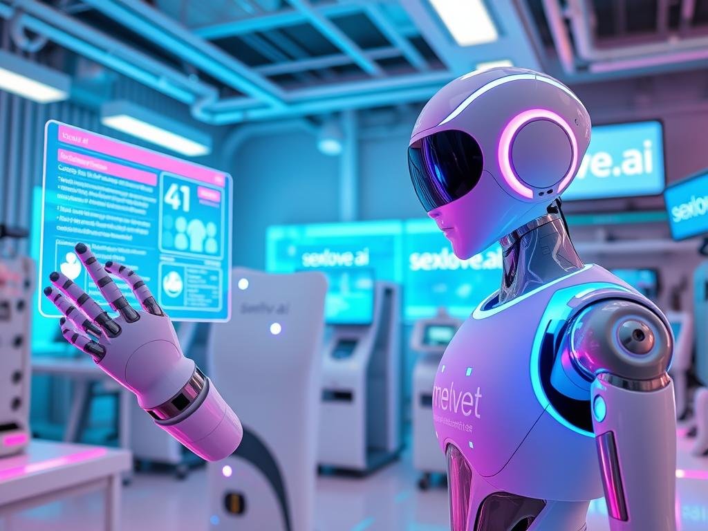A futuristic laboratory showcasing the latest innovations in Candy AI technology. In the foreground, a sleek, humanoid robot with candy-inspired features interacts with vibrant, colorful holographic interfaces displaying data and animations about Candy AI advancements. The middle ground features advanced machinery and virtual reality setups demonstrating immersive user experiences with personalized Candy AI companions. The background reveals a high-tech environment, illuminated by soft, ambient lighting, with digital screens showcasing the brand name "sexlove.ai". A serene blue and pink color palette creates a warm and inviting atmosphere, suggesting innovation and companionship. The camera angle is slightly elevated, capturing the dynamic interactions in the lab, while maintaining a focus on the robot and the vibrant displays. A futuristic laboratory showcasing the latest innovations in Candy AI technology. In the foreground, a sleek, humanoid robot with candy-inspired features interacts with vibrant, colorful holographic interfaces displaying data and animations about Candy AI advancements. The middle ground features advanced machinery and virtual reality setups demonstrating immersive user experiences with personalized Candy AI companions. The background reveals a high-tech environment, illuminated by soft, ambient lighting, with digital screens showcasing the brand name "sexlove.ai". A serene blue and pink color palette creates a warm and inviting atmosphere, suggesting innovation and companionship. The camera angle is slightly elevated, capturing the dynamic interactions in the lab, while maintaining a focus on the robot and the vibrant displays.