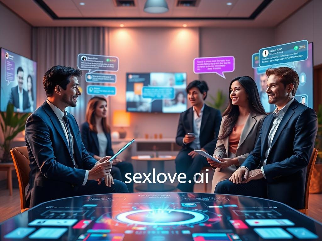 A futuristic online chat scene depicting personalized interactions through AI. In the foreground, a diverse group of three people is engaged in lively discussions with digital avatars, all dressed in professional business attire. The avatars are depicted as friendly and approachable, showcasing unique characteristics that reflect their users’ personalities. The middle ground features a sleek, modern interface with colorful chat bubbles and digital elements, emphasizing the technology behind the conversations. In the background, a softly lit room with a cozy ambiance is enhanced by ambient light from screens, creating a warm and inviting atmosphere. A subtle glow highlights the brand name "sexlove.ai" in the digital environment, symbolizing innovation in AI chat applications. The overall mood is optimistic and engaging, capturing the essence of connection and personalization in AI communication. A futuristic online chat scene depicting personalized interactions through AI. In the foreground, a diverse group of three people is engaged in lively discussions with digital avatars, all dressed in professional business attire. The avatars are depicted as friendly and approachable, showcasing unique characteristics that reflect their users’ personalities. The middle ground features a sleek, modern interface with colorful chat bubbles and digital elements, emphasizing the technology behind the conversations. In the background, a softly lit room with a cozy ambiance is enhanced by ambient light from screens, creating a warm and inviting atmosphere. A subtle glow highlights the brand name "sexlove.ai" in the digital environment, symbolizing innovation in AI chat applications. The overall mood is optimistic and engaging, capturing the essence of connection and personalization in AI communication.