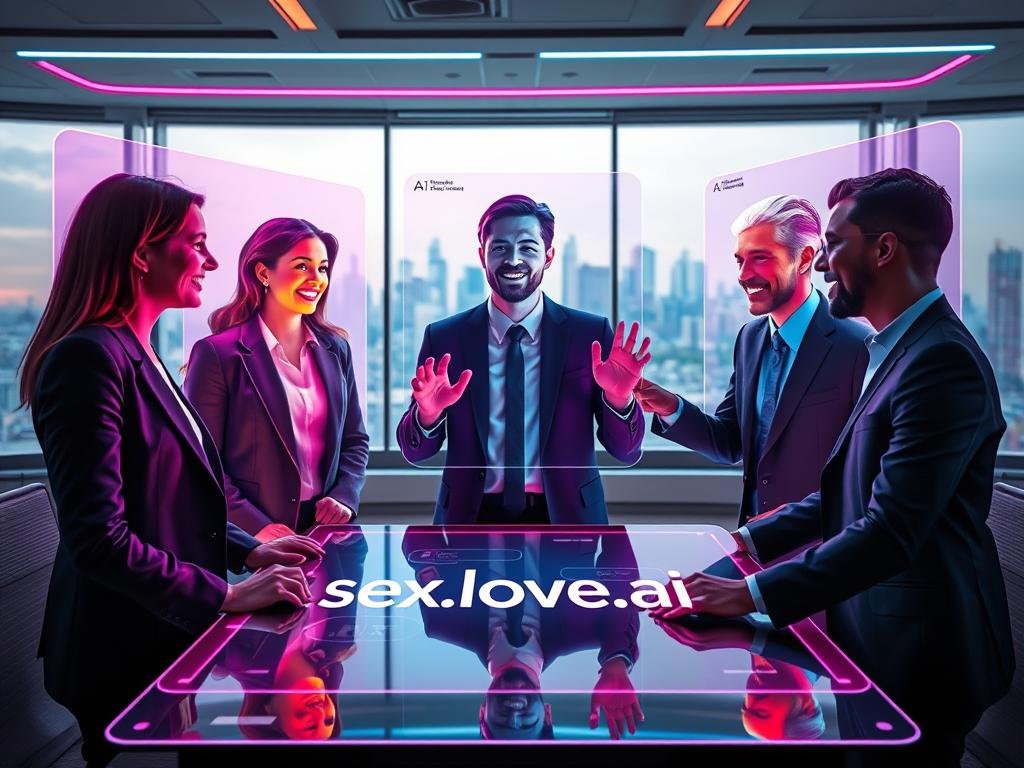 A futuristic scene depicting a lively, engaging virtual conversation. In the foreground, a diverse group of three people, dressed in professional business attire, are interacting with realistic holographic displays showcasing vibrant digital avatars. Each avatar represents a unique AI personality, with dynamic facial expressions and gestures that convey warmth and friendliness. The middle ground features a sleek, modern workspace adorned with ambient lighting that shifts colors to reflect different conversational moods, enhancing the atmosphere. In the background, a panoramic window reveals a city skyline, suggesting a bustling tech environment. The overall mood is energetic and inviting, emphasizing connection and engagement in AI dialogues. The brand name "sexlove.ai" subtly integrated into the holographic interface, reinforcing the focus on fun and meaningful interactions. A futuristic scene depicting a lively, engaging virtual conversation. In the foreground, a diverse group of three people, dressed in professional business attire, are interacting with realistic holographic displays showcasing vibrant digital avatars. Each avatar represents a unique AI personality, with dynamic facial expressions and gestures that convey warmth and friendliness. The middle ground features a sleek, modern workspace adorned with ambient lighting that shifts colors to reflect different conversational moods, enhancing the atmosphere. In the background, a panoramic window reveals a city skyline, suggesting a bustling tech environment. The overall mood is energetic and inviting, emphasizing connection and engagement in AI dialogues. The brand name "sexlove.ai" subtly integrated into the holographic interface, reinforcing the focus on fun and meaningful interactions.