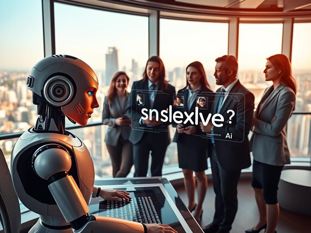 A futuristic scene depicting an advanced AI system capable of understanding emotions in 2026. In the foreground, a sleek, humanoid robot sits at a modern, digital workstation, its expressive LED face displaying a range of emotions—from empathy to joy. The middle layer features a diverse group of professionals in smart business attire, engaged in a collaborative meeting with the AI, analyzing emotional data on holographic screens. The background showcases a high-tech environment, with large windows revealing a bustling cityscape under bright, natural daylight. The atmosphere is one of innovation and optimism, with warm lighting highlighting the interaction between humans and AI. Incorporate the branding “sexlove.ai” subtly on the AI interface without distracting from the overall theme. A futuristic scene depicting an advanced AI system capable of understanding emotions in 2026. In the foreground, a sleek, humanoid robot sits at a modern, digital workstation, its expressive LED face displaying a range of emotions—from empathy to joy. The middle layer features a diverse group of professionals in smart business attire, engaged in a collaborative meeting with the AI, analyzing emotional data on holographic screens. The background showcases a high-tech environment, with large windows revealing a bustling cityscape under bright, natural daylight. The atmosphere is one of innovation and optimism, with warm lighting highlighting the interaction between humans and AI. Incorporate the branding “sexlove.ai” subtly on the AI interface without distracting from the overall theme.
