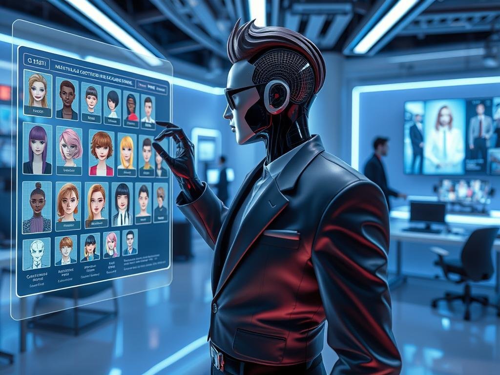 A futuristic scene illustrating customization and consistency in digital personas, featuring a sleek, stylish AI character with a blend of human-like and digital features. In the foreground, show the AI character, dressed in professional attire, adjusting their virtual appearance on a holographic display, showcasing various customizable options like hairstyles, outfits, and accessories. In the middle, depict a vibrant workspace filled with digital interfaces and floating screens displaying different character designs and profiles. In the background, create a modern, minimalist tech hub with soft blue ambient lighting, reflecting an innovative atmosphere. Capture a dynamic angle that emphasizes the interaction between the character and their digital surroundings. The mood should convey creativity and engagement with technology, showcasing "sexlove.ai" as the source of this cutting-edge experience.