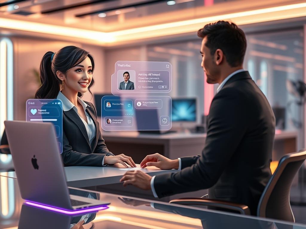 A futuristic scene showcasing the "AI Companion Experience" with a virtual girlfriend app called "sexlove.ai." In the foreground, a confident, friendly virtual girlfriend figure interacts with a user, who is seated at a sleek, modern desk. The character is depicted in a professional business attire, with a warm and approachable smile, exuding personality and charm. In the middle ground, holographic interfaces display interactive elements of the app, such as chat features and personalized settings, illuminating the space with soft, colorful lights. The background features a high-tech room, with ambient lighting reflecting a cozy, innovative atmosphere, enhancing the mood of connection and companionship. The scene captures a balance between technology and human warmth, making it inviting and engaging.