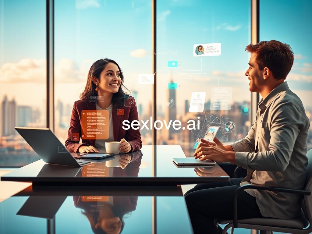 A futuristic scene showcasing two diverse individuals engaged in a lively conversation, reflecting the theme of "Versatile Conversations and Content Generation." In the foreground, a young woman in professional business attire and a young man in smart casual clothing are seated at a sleek, modern table with digital devices displaying flowing text. In the middle ground, colorful holographic graphics of AI interactions and content creation swirl around them, illustrating creativity and artificial intelligence. The background features a bright, tech-inspired environment with large windows showcasing a futuristic cityscape under a clear blue sky. Soft, warm lighting enhances the atmosphere, creating a welcoming and innovative mood. The branding "sexlove.ai" subtly integrated within the holographic designs adds a cohesive touch to the theme. A futuristic scene showcasing two diverse individuals engaged in a lively conversation, reflecting the theme of "Versatile Conversations and Content Generation." In the foreground, a young woman in professional business attire and a young man in smart casual clothing are seated at a sleek, modern table with digital devices displaying flowing text. In the middle ground, colorful holographic graphics of AI interactions and content creation swirl around them, illustrating creativity and artificial intelligence. The background features a bright, tech-inspired environment with large windows showcasing a futuristic cityscape under a clear blue sky. Soft, warm lighting enhances the atmosphere, creating a welcoming and innovative mood. The branding "sexlove.ai" subtly integrated within the holographic designs adds a cohesive touch to the theme.