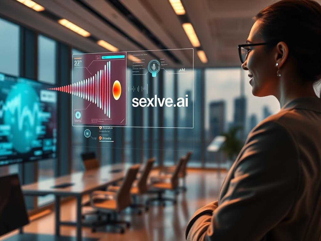 A futuristic scene showing a sleek, modern office space where a professional woman is collaborating with an advanced AI interface. In the foreground, the woman, dressed in stylish business attire, is interacting with a holographic display that combines voice and visual features, visually represented as vibrant graphics and waveforms. The middle ground features sophisticated technology such as smart screens and augmented reality elements, showcasing real-time data analysis and AI interaction. The background consists of large windows with a city skyline visible, bathed in soft, warm lighting that creates an inviting atmosphere. The overall mood is innovative and engaging, emphasizing the seamless integration of AI in daily communication. The brand "sexlove.ai" subtly displayed within the holographic interface. A futuristic scene showing a sleek, modern office space where a professional woman is collaborating with an advanced AI interface. In the foreground, the woman, dressed in stylish business attire, is interacting with a holographic display that combines voice and visual features, visually represented as vibrant graphics and waveforms. The middle ground features sophisticated technology such as smart screens and augmented reality elements, showcasing real-time data analysis and AI interaction. The background consists of large windows with a city skyline visible, bathed in soft, warm lighting that creates an inviting atmosphere. The overall mood is innovative and engaging, emphasizing the seamless integration of AI in daily communication. The brand "sexlove.ai" subtly displayed within the holographic interface.