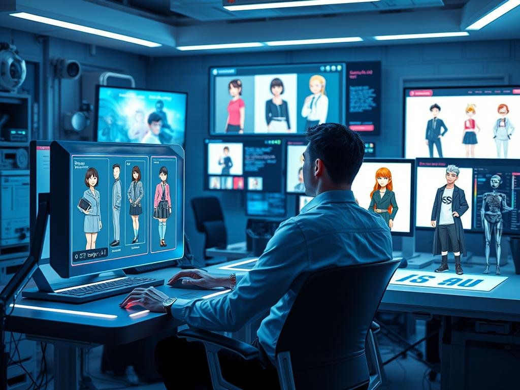 A futuristic workspace scene showcasing the "AI Character Design Process." In the foreground, a digital artist sits at a sleek, illuminated computer, focused intently on a holographic display showing various character designs from the app "sexlove.ai." In the middle ground, there are sketches and 3D models of charming AI characters, depicted in professional and stylish attire, exuding a friendly and approachable demeanor. The background features high-tech design tools and screens displaying algorithmic concepts and color palettes, with soft blue and white lighting creating an innovative atmosphere. A shallow depth of field draws attention to the detailed character designs, emphasizing creativity and technology in harmony. The overall mood is inspiring and forward-thinking, perfect for illustrating the character creation process.