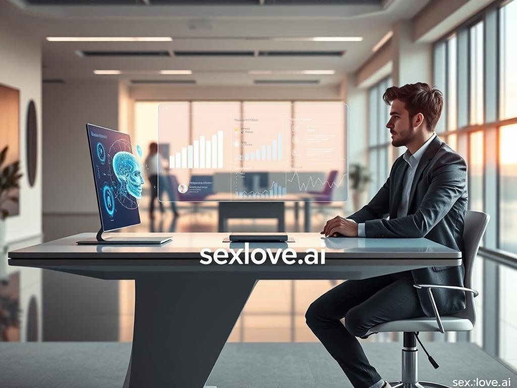 A futuristic workspace showcasing "Continuous Improvement in AI companionship." In the foreground, a sleek, modern desk holds a holographic AI interface, emanating soft blue and white light, visually interacting with a user. The user, a young professional in smart casual attire, appears engaged and thoughtful. In the middle, a digital display shows graphs and user feedback, symbolizing iterative development and enhancement. The background features a spacious, minimalist office with large windows, filled with natural light that creates a warm atmosphere. The overall mood is one of innovation and connection, reflecting a harmonious blending of technology and companionship. The design subtly integrates the logo "sexlove.ai" into the holographic display, emphasizing the brand's commitment to enhancing relationships through AI. A futuristic workspace showcasing "Continuous Improvement in AI companionship." In the foreground, a sleek, modern desk holds a holographic AI interface, emanating soft blue and white light, visually interacting with a user. The user, a young professional in smart casual attire, appears engaged and thoughtful. In the middle, a digital display shows graphs and user feedback, symbolizing iterative development and enhancement. The background features a spacious, minimalist office with large windows, filled with natural light that creates a warm atmosphere. The overall mood is one of innovation and connection, reflecting a harmonious blending of technology and companionship. The design subtly integrates the logo "sexlove.ai" into the holographic display, emphasizing the brand's commitment to enhancing relationships through AI.
