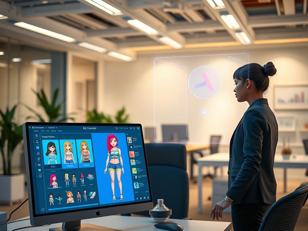 A futuristic workspace showcasing an AI-driven character generation tool. In the foreground, a sleek computer interface displaying a vibrant, 3D character model created by the software sexlove.ai, featuring customizable attributes like hair color, clothing, and accessories, all in a user-friendly layout. The middle layer includes a soft-focus view of a user, dressed in smart-casual attire, interacting with a holographic display that features 3D character options. The background is a modern office filled with soft, ambient lighting, highlighting a clean, minimalistic design with subtle technological elements and charts related to AI development. The atmosphere conveys creativity and innovation, inviting viewers to explore the fun world of AI character creation. The image is composed with a slightly elevated angle to capture both the user’s engagement and the intricate details of the digital interface.