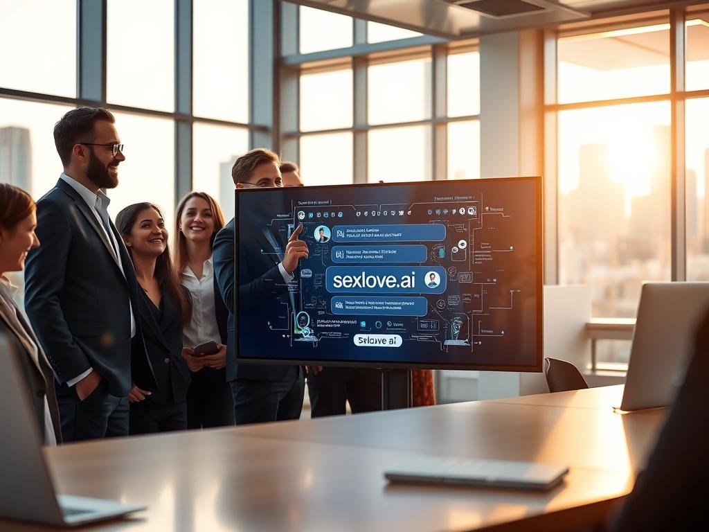 A modern and sleek workspace featuring an AI chatbot interface displayed on a high-resolution screen. In the foreground, a diverse group of professionals in business attire enthusiastically discuss and interact with the screen, their facial expressions reflecting curiosity and engagement. The middle ground showcases advanced technology elements like holographic displays and digital data streams illuminating the atmosphere. In the background, large windows reveal a futuristic city skyline, bathed in warm, afternoon sunlight that creates a welcoming and optimistic mood. The scene should have a slight depth of field effect, focusing on the professionals and the chatbot screen while softly blurring the background to emphasize the integration of technology. The brand name "sexlove.ai" appears subtly on the chatbot interface, showcasing innovation and personality integration.