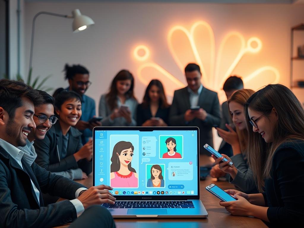 A modern, cozy digital workspace depicting a user interacting with an AI girlfriend app, showcasing realistic conversational elements. In the foreground, a diverse group of users, dressed in smart casual attire, are engaged with their devices, smiles and expressions of intrigue on their faces. The middle ground features a sleek laptop screen displaying the app interface, with vibrant colors and lifelike animated avatars reflecting engaging personality traits. In the background, soft ambient lighting creates a warm and welcoming atmosphere, with abstract patterns softly glowing to represent the AI's conversational realism. Capture the scene from a slightly elevated angle, focusing on the users' expressions and the dynamic app interface, evoking a sense of connection and innovation. Include the brand name "sexlove.ai" subtly integrated into the app display without any text overlays. A modern, cozy digital workspace depicting a user interacting with an AI girlfriend app, showcasing realistic conversational elements. In the foreground, a diverse group of users, dressed in smart casual attire, are engaged with their devices, smiles and expressions of intrigue on their faces. The middle ground features a sleek laptop screen displaying the app interface, with vibrant colors and lifelike animated avatars reflecting engaging personality traits. In the background, soft ambient lighting creates a warm and welcoming atmosphere, with abstract patterns softly glowing to represent the AI's conversational realism. Capture the scene from a slightly elevated angle, focusing on the users' expressions and the dynamic app interface, evoking a sense of connection and innovation. Include the brand name "sexlove.ai" subtly integrated into the app display without any text overlays.