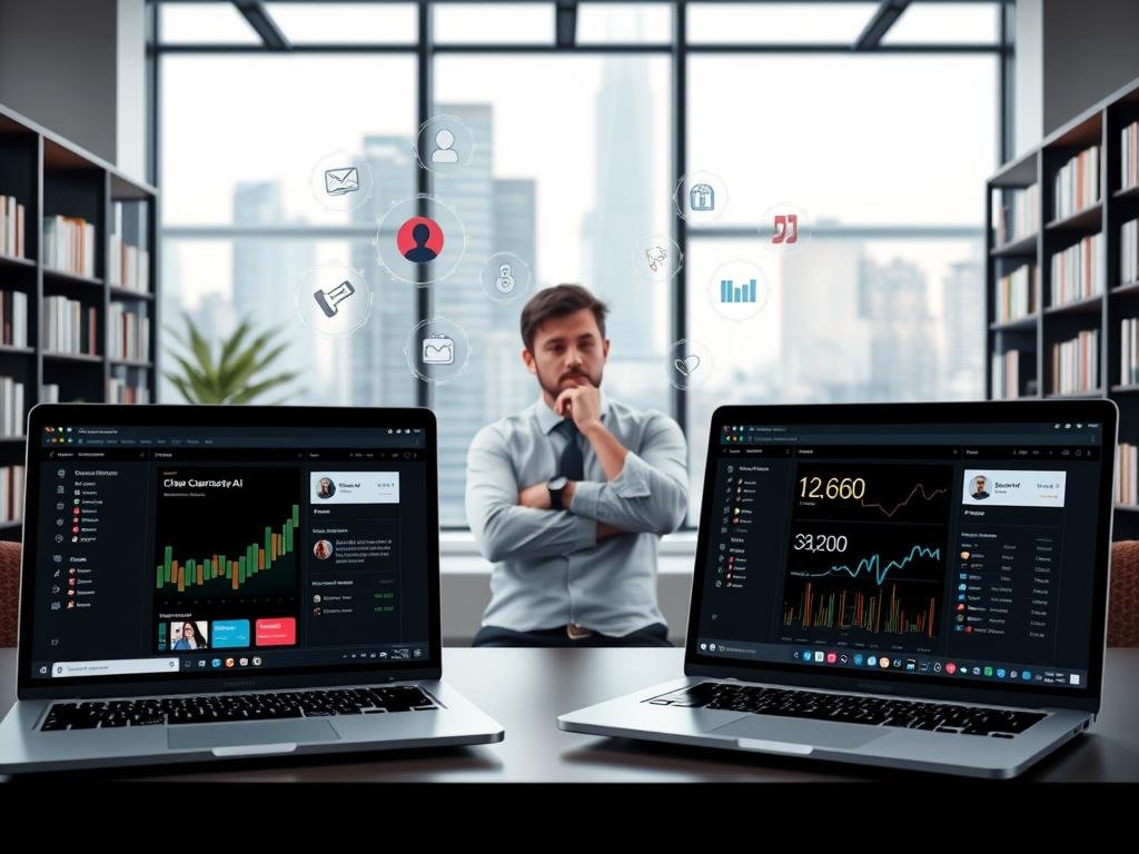 A modern digital workspace showcasing a comparative analysis of character AI chat platforms. In the foreground, display two sleek laptops side by side, each with a different AI chat interface open, such as "Character AI" and "sexlove.ai", with visually distinct designs. In the middle ground, feature a casual researcher in professional attire, pondering over the analytics displayed on the screens, surrounded by floating digital icons representing various chatbot features. The background should include a contemporary office setting with soft lighting, a large window showcasing a cityscape, and shelves filled with tech books, creating an innovative and intellectual atmosphere. Capture the mood of exploration and comparison through a slightly tilted angle, emphasizing engagement with technology.