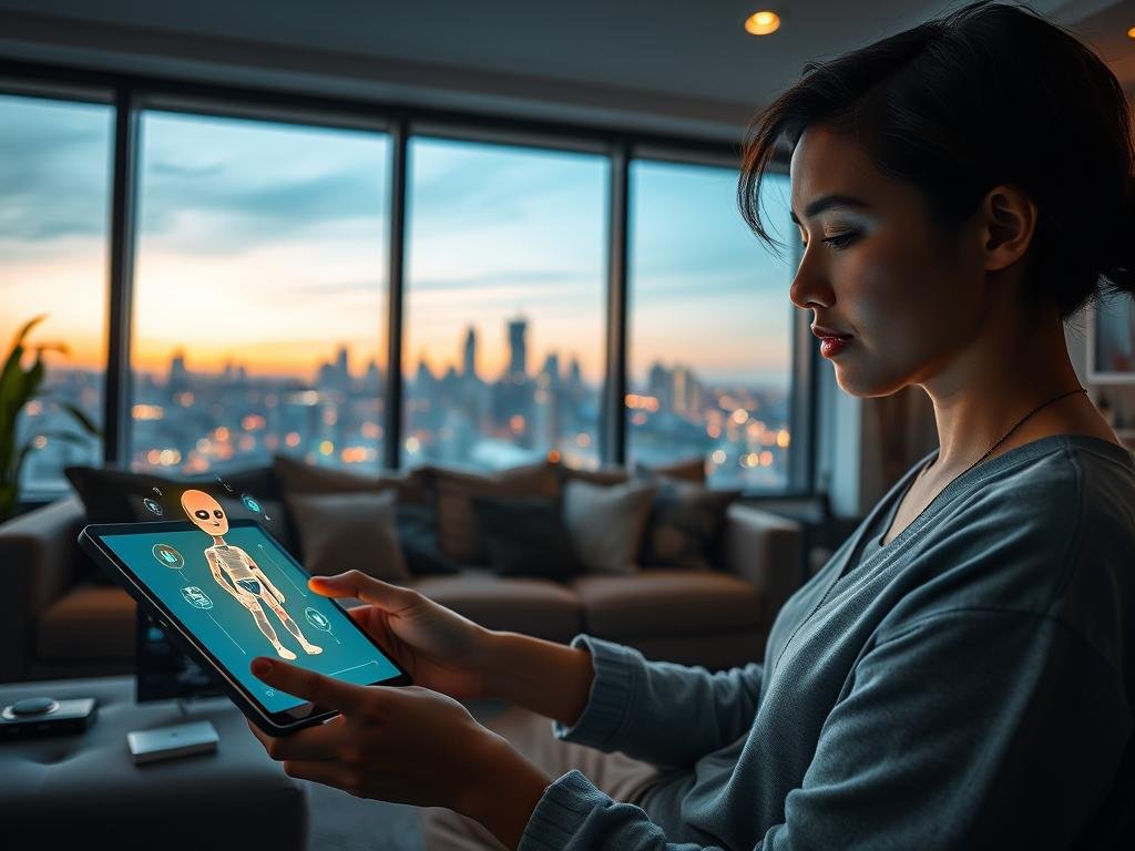 A modern living room scene showcasing a person interacting with an AI companion on a sleek tablet. In the foreground, a young adult in stylish, modest casual clothing uses the device, their face illuminated by the screen's soft glow, displaying a look of curiosity and engagement. The AI companion appears as a holographic projection of a friendly, humanoid figure, radiating a warm, inviting aura, with vibrant colors and gentle animations that evoke personality. The middle section features a cozy sofa adorned with tech gadgets and decorative pillows, blending a sense of comfort and cutting-edge technology. In the background, large windows reveal a city skyline under soft evening lighting, creating an intimate yet futuristic atmosphere. The overall mood is uplifting and warm, emphasizing the seamless integration of technology into everyday life. Include the brand name "sexlove.ai" subtly integrated within the environment, enhancing the scene without overwhelming it.