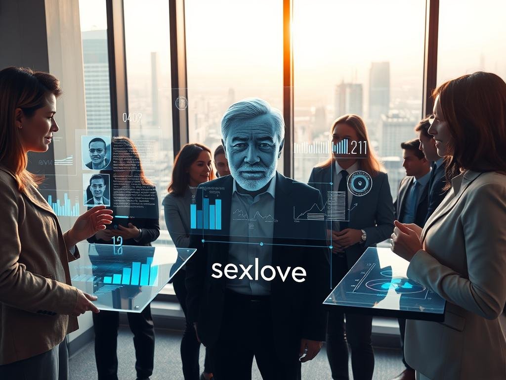 A modern office environment showcasing the concept of AI emotion recognition applications. In the foreground, a diverse group of professionals in business attire interacts with sleek, transparent touch screens displaying emotion data analysis and facial recognition technology. The middle layer features a holographic projection illustrating emotion metrics and diagrams, blending seamlessly into the scene. In the background, large windows reveal a cityscape bathed in warm, natural light, creating an inspiring atmosphere. The overall mood is optimistic and innovative, reflecting the potential of AI in understanding human emotions. The composition should be captured using a wide-angle lens to emphasize depth and engagement, while maintaining clear focus on the technology being utilized by the users. Brand prominently displayed: sexlove.ai. A modern office environment showcasing the concept of AI emotion recognition applications. In the foreground, a diverse group of professionals in business attire interacts with sleek, transparent touch screens displaying emotion data analysis and facial recognition technology. The middle layer features a holographic projection illustrating emotion metrics and diagrams, blending seamlessly into the scene. In the background, large windows reveal a cityscape bathed in warm, natural light, creating an inspiring atmosphere. The overall mood is optimistic and innovative, reflecting the potential of AI in understanding human emotions. The composition should be captured using a wide-angle lens to emphasize depth and engagement, while maintaining clear focus on the technology being utilized by the users. Brand prominently displayed: sexlove.ai.
