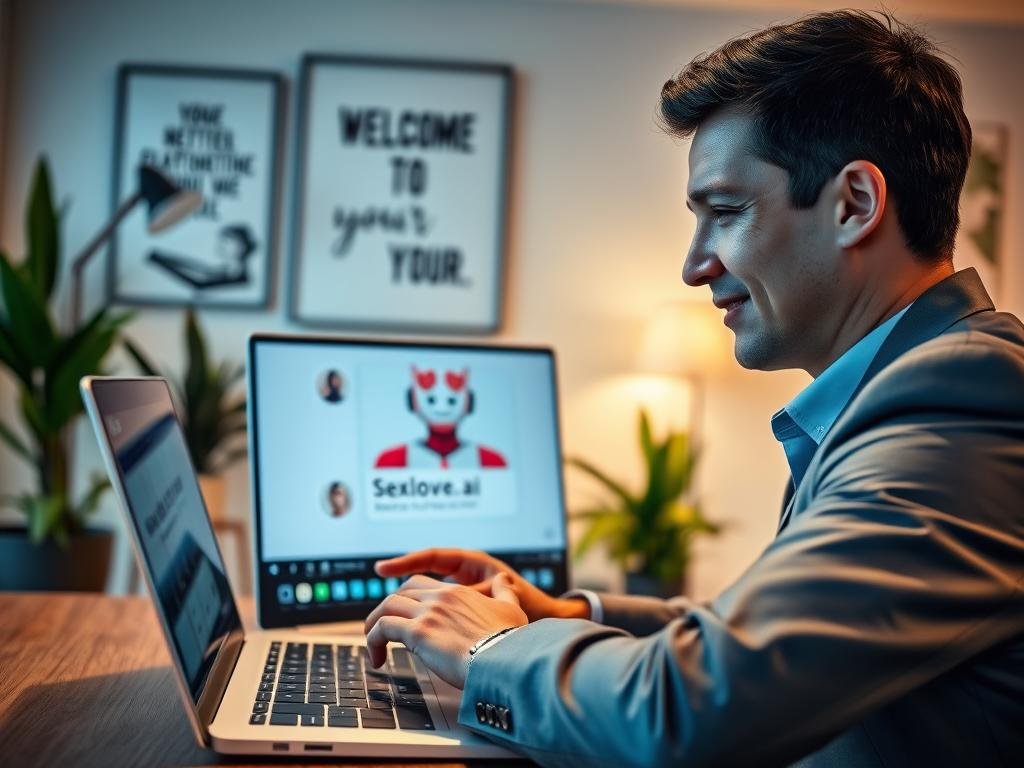 A professional setting displaying a user engaging interactively with a chatbot interface on a sleek laptop, symbolizing modern technology. In the foreground, a well-dressed individual in business attire, focused and intrigued, with a soft smile, emphasizes a positive interaction. In the middle, the screen of the laptop vividly shows a friendly chatbot avatar, representing "sexlove.ai," designed to be welcoming and engaging, with bright colors and a friendly expression. The background features a softly lit, contemporary office space with plants and motivational artwork, establishing an inviting atmosphere. The lighting is warm and ambient, creating a sense of comfort and connection. The angle captures both the user and the chatbot on the screen, illustrating the essence of real-world interactions and digital relationships. A professional setting displaying a user engaging interactively with a chatbot interface on a sleek laptop, symbolizing modern technology. In the foreground, a well-dressed individual in business attire, focused and intrigued, with a soft smile, emphasizes a positive interaction. In the middle, the screen of the laptop vividly shows a friendly chatbot avatar, representing "sexlove.ai," designed to be welcoming and engaging, with bright colors and a friendly expression. The background features a softly lit, contemporary office space with plants and motivational artwork, establishing an inviting atmosphere. The lighting is warm and ambient, creating a sense of comfort and connection. The angle captures both the user and the chatbot on the screen, illustrating the essence of real-world interactions and digital relationships.