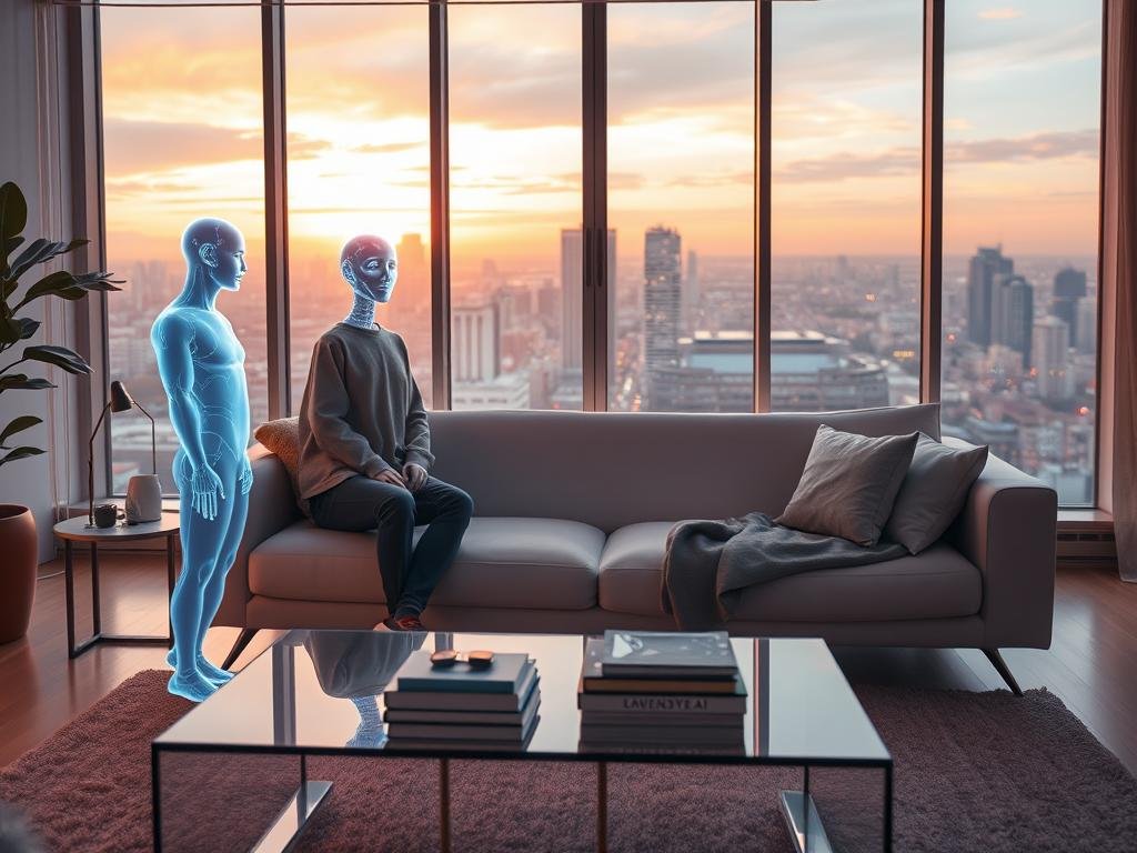 A serene and futuristic living room scene designed to illustrate the concept of virtual companionship through advanced AI technology. In the foreground, a gentle and friendly AI hologram, inspired by the brand "sexlove.ai", interacts with a person dressed in modest, casual clothing, showcasing a warm smile and an inviting posture. In the middle ground, a sleek, modern sofa with soft lighting highlights the interaction, accompanied by a coffee table with futuristic gadgets and books on AI. The background features large windows revealing a vibrant cityscape bathed in soft sunset light, creating a harmonious atmosphere. The overall mood is calm and welcoming, emphasizing the emotional bond between humans and technology, captured from a slightly elevated angle to enhance depth. A serene and futuristic living room scene designed to illustrate the concept of virtual companionship through advanced AI technology. In the foreground, a gentle and friendly AI hologram, inspired by the brand "sexlove.ai", interacts with a person dressed in modest, casual clothing, showcasing a warm smile and an inviting posture. In the middle ground, a sleek, modern sofa with soft lighting highlights the interaction, accompanied by a coffee table with futuristic gadgets and books on AI. The background features large windows revealing a vibrant cityscape bathed in soft sunset light, creating a harmonious atmosphere. The overall mood is calm and welcoming, emphasizing the emotional bond between humans and technology, captured from a slightly elevated angle to enhance depth.
