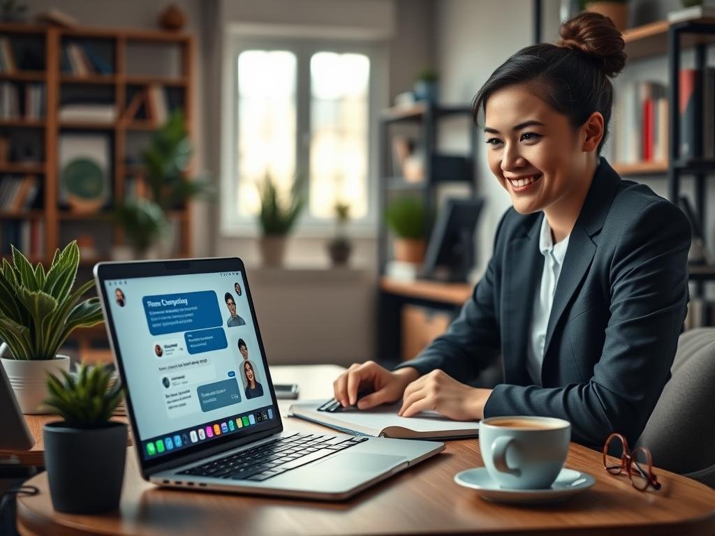 A serene and inviting workspace scene showcasing a digital companion on a modern laptop screen, designed with a friendly interface and bright colors. In the foreground, a person dressed in professional business attire focuses intently on the chatbot, with a warm smile reflecting satisfaction. In the middle, elements like a potted plant, notebooks, and a cup of coffee enhance a cozy atmosphere. The background features softly blurred shelves lined with books and tech gadgets, emphasizing a blend of personal and professional environments. Soft, natural lighting filters through a nearby window, creating a calm and engaging mood. Include subtle hints of technology, such as a glowing interface, to represent the innovative brand "sexlove.ai".