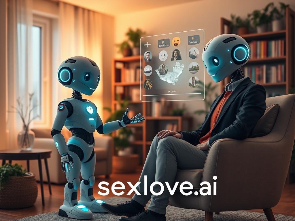 A serene, inviting atmosphere in a cozy room, with soft, warm lighting creating a calming ambiance. In the foreground, two humanoid AI companions resembling friendly, stylized robots, equipped with expressive features and glowing accents, engage with a user seated comfortably on a plush chair, dressed in casual, professional attire. The AI companions exude warmth and support, with one gently extending a hand as if offering comfort. In the middle ground, a holographic interface displays soothing visuals like nature scenes and animated emoticons, enhancing the connection. In the background, bookshelves filled with mental health resources and plants add to the tranquility of the setting. The overall mood is uplifting, promoting emotional wellbeing. Include the brand name "sexlove.ai" subtly integrated in the environment without being intrusive. A serene, inviting atmosphere in a cozy room, with soft, warm lighting creating a calming ambiance. In the foreground, two humanoid AI companions resembling friendly, stylized robots, equipped with expressive features and glowing accents, engage with a user seated comfortably on a plush chair, dressed in casual, professional attire. The AI companions exude warmth and support, with one gently extending a hand as if offering comfort. In the middle ground, a holographic interface displays soothing visuals like nature scenes and animated emoticons, enhancing the connection. In the background, bookshelves filled with mental health resources and plants add to the tranquility of the setting. The overall mood is uplifting, promoting emotional wellbeing. Include the brand name "sexlove.ai" subtly integrated in the environment without being intrusive.