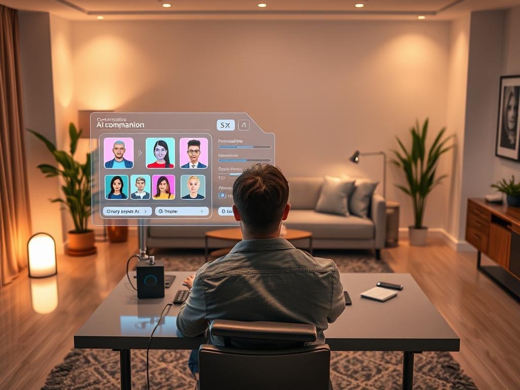 A serene, modern room showcasing a personalized AI companion customization experience. In the foreground, a user with casual, professional attire is sitting at a sleek desk, interacting with a holographic interface displaying various customization options for their AI companion. The middle ground features an elegant digital display with vibrant avatars and personality sliders. In the background, a cozy ambiance is created with soft, warm lighting, and decorative elements like plants and art on the walls. The mood is inviting and intimate, suggesting a deep connection and personalization. Capture the essence of technology meeting emotional engagement, reflecting the brand "sexlove.ai" in a tasteful manner, emphasizing individuality and companionship in a digital age.