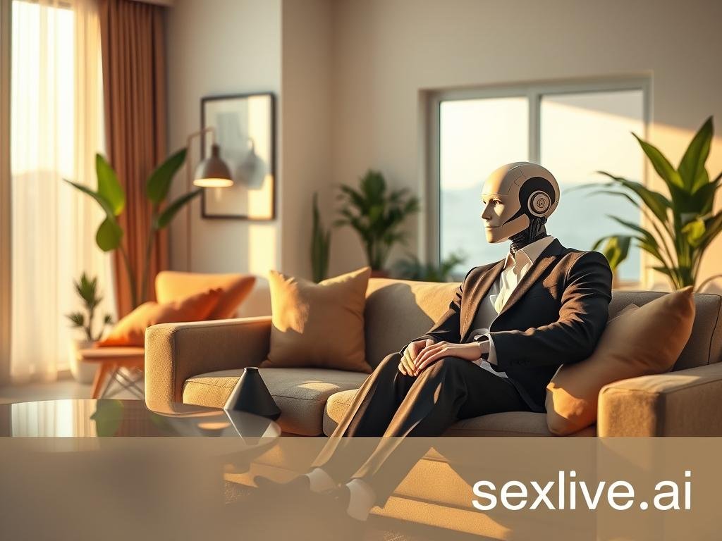 A serene setting illustrating the positive impact of AI companionship on mental health. In the foreground, a person dressed in professional business attire interacts with a sleek, humanoid AI companion, both seated comfortably on a cozy couch. The individual appears relaxed and engaged, embodying a sense of connection and support. In the middle ground, warm lighting casts a soft glow over a stylish living room filled with calming decor and plants, symbolizing a nurturing environment. In the background, a window reveals a tranquil landscape, enhancing the sense of peace. The overall mood is uplifting and harmonious, reflecting the theme of enhanced daily life through AI companionship. Incorporate subtle branding of "sexlove.ai" in the design, ensuring it is aesthetically integrated without standing out.