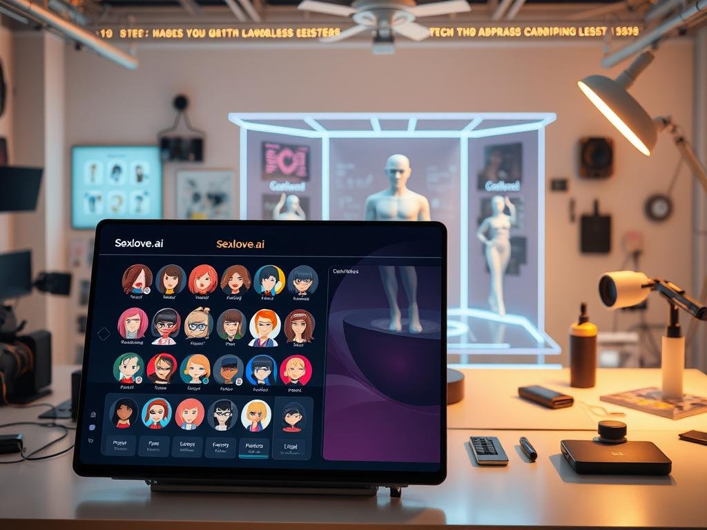 A sleek and modern AI character design tool interface, showcasing the application "sexlove.ai" prominently in a futuristic workspace. In the foreground, an elegantly designed screen displays a vibrant array of customizable character options—hair styles, clothing, and facial features—perfect for creating personalized AI companions. The middle ground features a stylized digital workspace with 3D character models on a holographic display, surrounded by professional tools for design and development. In the background, soft, ambient lighting creates a warm tech-savvy environment filled with high-tech gadgets. The overall mood is innovative and inspiring, inviting viewers to explore the limitless possibilities of AI character creation, emphasizing creativity and user engagement.