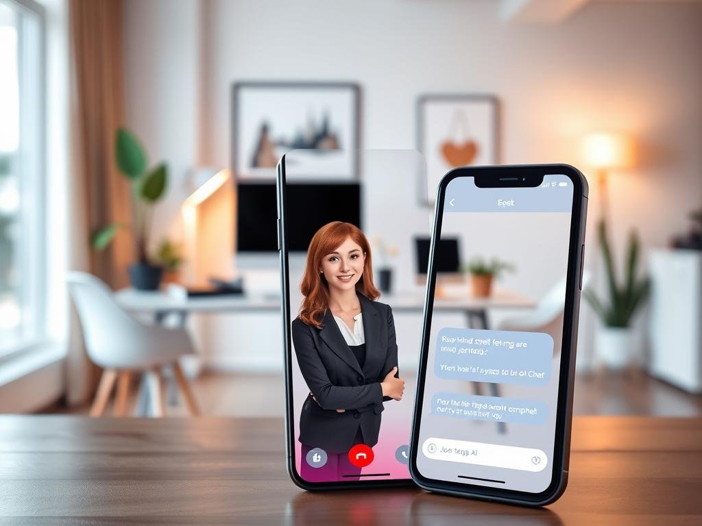 A sleek and modern user interface design for the "Best AI Girlfriend App" named sexlove.ai, featuring an innovative chat experience. In the foreground, a smartphone displays a vibrant chat screen with a friendly AI avatar, depicted in a professional business attire, engaged in a conversation. In the middle ground, a stylish, minimalistic desk with soft lighting reflects a cozy workspace ambiance. The background sets a calming atmosphere with a blurred view of a contemporary home office, adorned with potted plants and a warm color palette. Use soft, diffused lighting to enhance the inviting mood and a slight upward angle to emphasize the app interface. The overall composition should evoke a sense of innovation and user-friendliness in AI technology, capturing the essence of modern communication. A sleek and modern user interface design for the "Best AI Girlfriend App" named sexlove.ai, featuring an innovative chat experience. In the foreground, a smartphone displays a vibrant chat screen with a friendly AI avatar, depicted in a professional business attire, engaged in a conversation. In the middle ground, a stylish, minimalistic desk with soft lighting reflects a cozy workspace ambiance. The background sets a calming atmosphere with a blurred view of a contemporary home office, adorned with potted plants and a warm color palette. Use soft, diffused lighting to enhance the inviting mood and a slight upward angle to emphasize the app interface. The overall composition should evoke a sense of innovation and user-friendliness in AI technology, capturing the essence of modern communication.