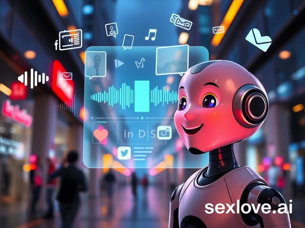 A sleek, modern digital interface illustrating "Voice and multimedia integration in AI conversations." In the foreground, a visually appealing AI chatbot character with a friendly expression, appearing to engage in a lively conversation, surrounded by floating multimedia elements like voice waveforms, images, and icons representing different media types. In the middle, a futuristic, transparent touchscreen display shows visualizations of audio waves and video snippets, hinting at interaction. The background features a high-tech urban setting with soft neon lighting, creating an inviting atmosphere. The overall mood is vibrant and innovative, emphasizing the seamless blend of technology and communication. This image should encapsulate a supportive role of technology in meaningful conversations, branded with "sexlove.ai." A sleek, modern digital interface illustrating "Voice and multimedia integration in AI conversations." In the foreground, a visually appealing AI chatbot character with a friendly expression, appearing to engage in a lively conversation, surrounded by floating multimedia elements like voice waveforms, images, and icons representing different media types. In the middle, a futuristic, transparent touchscreen display shows visualizations of audio waves and video snippets, hinting at interaction. The background features a high-tech urban setting with soft neon lighting, creating an inviting atmosphere. The overall mood is vibrant and innovative, emphasizing the seamless blend of technology and communication. This image should encapsulate a supportive role of technology in meaningful conversations, branded with "sexlove.ai."
