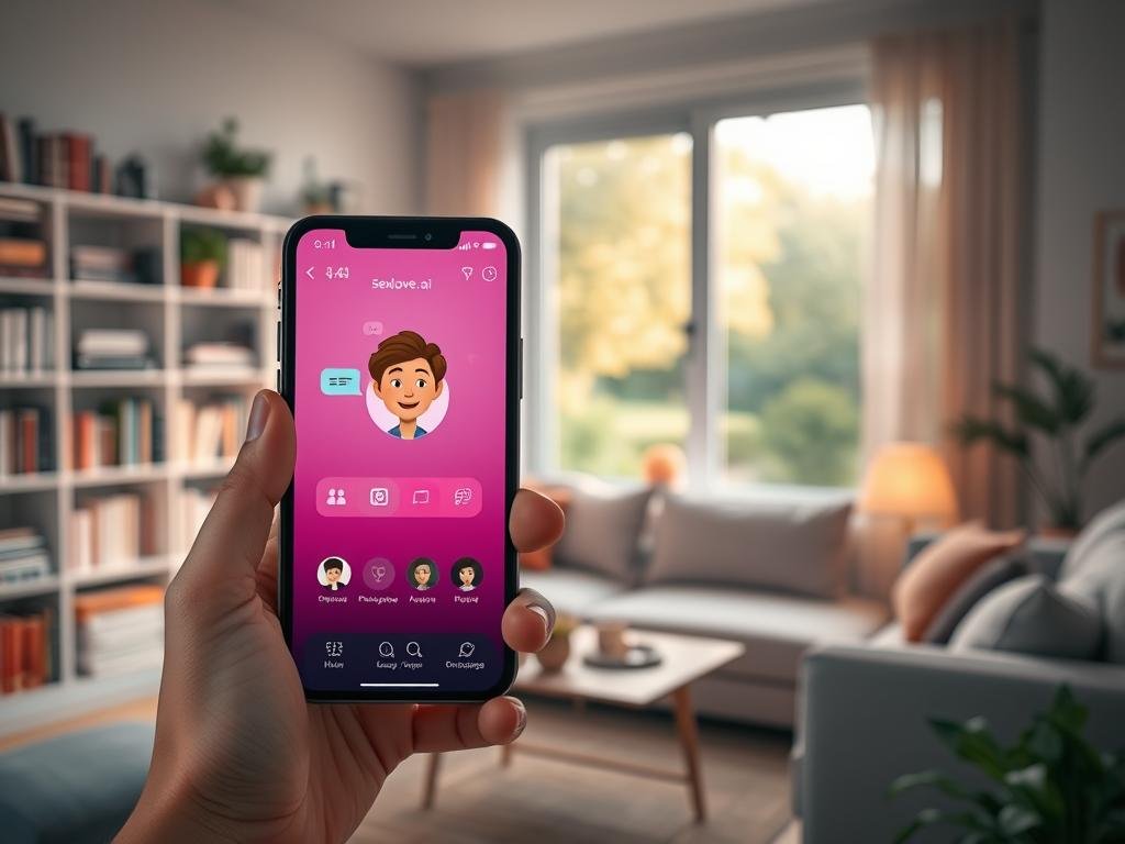 A sleek, modern interface of an AI companion app named "sexlove.ai" displayed on a smartphone in the foreground, showcasing vibrant and engaging features. The app screen features a friendly, animated avatar with a warm smile, surrounded by interactive icons like chat bubbles and personality traits. The middle ground features a cozy living room setting with soft, ambient lighting creating a welcoming atmosphere. In the background, a bookshelf filled with technology and psychology books hints at the app's intelligent design, while a soft-focus window reveals a peaceful garden outside, adding depth. The overall mood is friendly and inviting, emphasizing companionship and technology's integration into everyday life. The image should have a bright, balanced color palette, captured from an eye-level angle to engage viewers authentically. A sleek, modern interface of an AI companion app named "sexlove.ai" displayed on a smartphone in the foreground, showcasing vibrant and engaging features. The app screen features a friendly, animated avatar with a warm smile, surrounded by interactive icons like chat bubbles and personality traits. The middle ground features a cozy living room setting with soft, ambient lighting creating a welcoming atmosphere. In the background, a bookshelf filled with technology and psychology books hints at the app's intelligent design, while a soft-focus window reveals a peaceful garden outside, adding depth. The overall mood is friendly and inviting, emphasizing companionship and technology's integration into everyday life. The image should have a bright, balanced color palette, captured from an eye-level angle to engage viewers authentically.