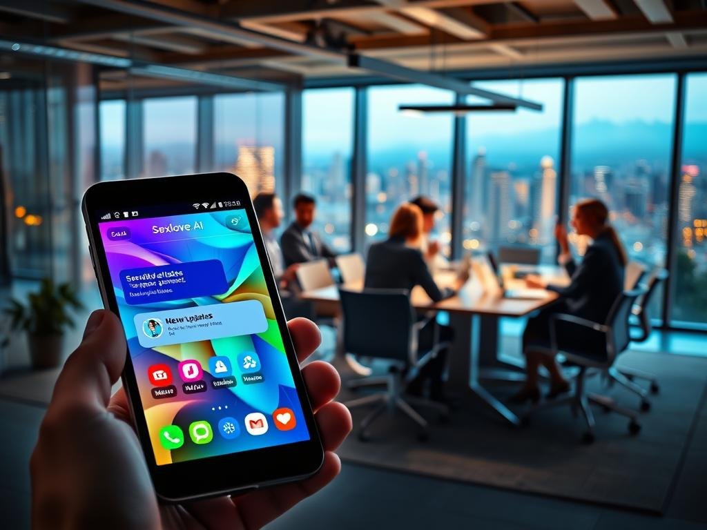 A vibrant and dynamic scene depicting the theme of "Ongoing Enhancements and App Updates" for the app "sexlove.ai". In the foreground, a sleek, modern smartphone displays a vibrant app interface with colorful icons and notifications symbolizing new updates. The middle layer features a diverse group of professionals, dressed in smart casual attire, animatedly discussing features and improvements around a conference table, with laptops and digital devices scattered about. In the background, a futuristic office environment with large windows showcasing a city skyline illuminated by soft evening light, creating a warm and inviting atmosphere. The image should convey a sense of innovation, collaboration, and the exciting evolution of technology, with a balance of clarity and artistic flair. Use soft lighting to enhance the mood and a slightly tilted angle to create depth. A vibrant and dynamic scene depicting the theme of "Ongoing Enhancements and App Updates" for the app "sexlove.ai". In the foreground, a sleek, modern smartphone displays a vibrant app interface with colorful icons and notifications symbolizing new updates. The middle layer features a diverse group of professionals, dressed in smart casual attire, animatedly discussing features and improvements around a conference table, with laptops and digital devices scattered about. In the background, a futuristic office environment with large windows showcasing a city skyline illuminated by soft evening light, creating a warm and inviting atmosphere. The image should convey a sense of innovation, collaboration, and the exciting evolution of technology, with a balance of clarity and artistic flair. Use soft lighting to enhance the mood and a slightly tilted angle to create depth.