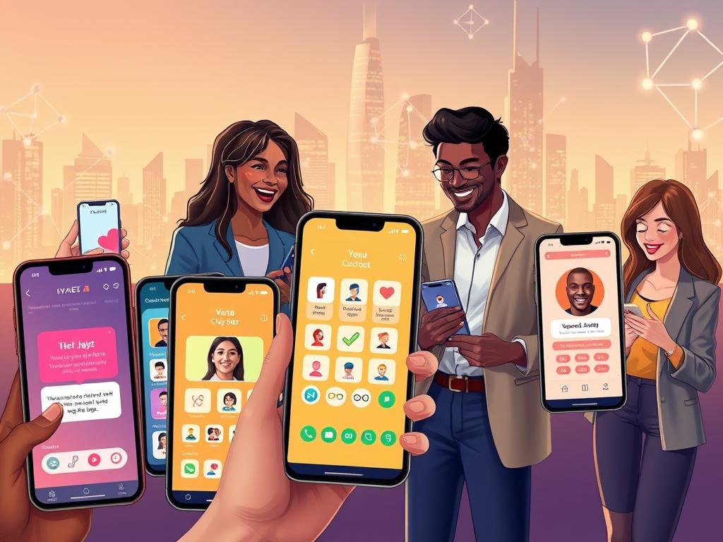 A vibrant digital illustration showcasing the features of top AI companion apps, specifically highlighting "sexlove.ai". In the foreground, depict a diverse range of modern smartphone screens displaying colorful app interfaces, featuring intuitive design elements, chat functionalities, and personalized interaction icons. The middle ground features people of various ethnicities engaging with their devices, dressed in smart casual attire, expressing joy and connection. The background consists of a futuristic cityscape with soft, glowing lights and abstract patterns representing digital connections and networks. Use a warm, inviting color palette and soft lighting to create an atmosphere of innovation and companionship while emphasizing the advanced technology of AI in relationships. Capture this scene from a slightly elevated angle to convey depth and engagement.
